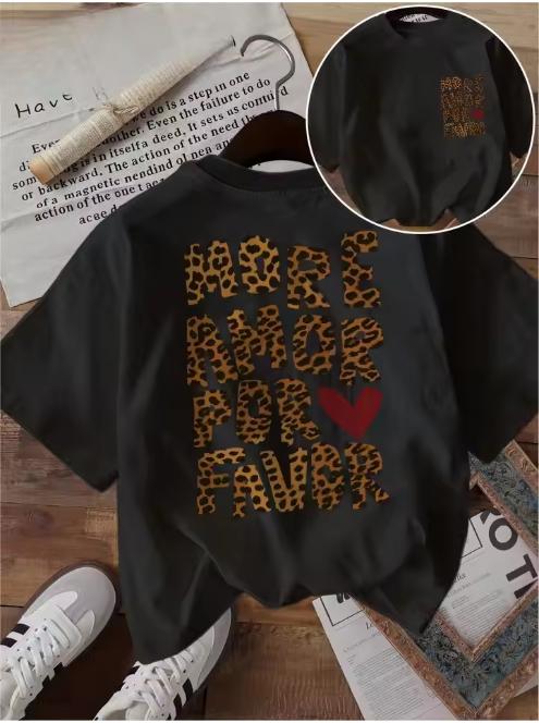 More Amor Por Favor T Shirt Funny Leopard Heart Graphic Spanish Quote Unisex Harajuku Streetwear Loose Summer Short Sleeve Tops