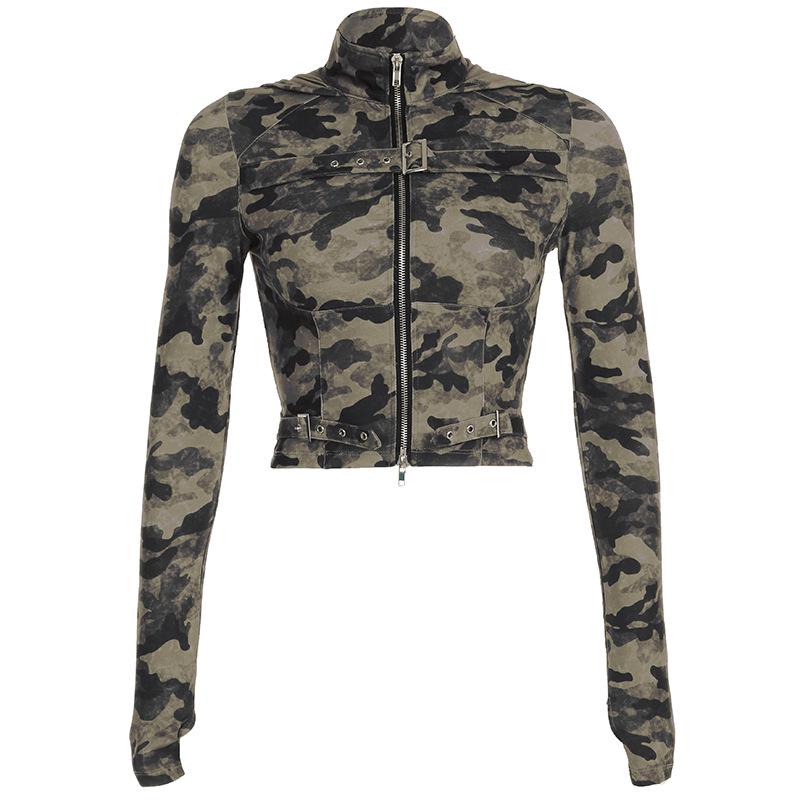 

Жіночий камуфляжний кардиган з капюшоном і довгими рукавами, металевою пряжкою та коротким топом Large