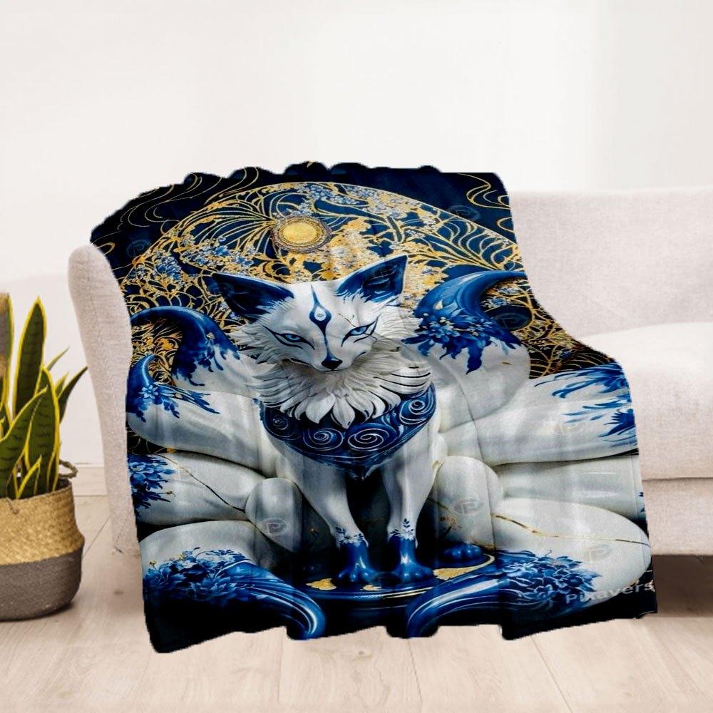 Blue and White Porcelain Fox Statue Decorative FigurineBlanket Flannel Throw Blanket for Sofa, Bed, Travel, Camping, Office, Couch, Chair, A