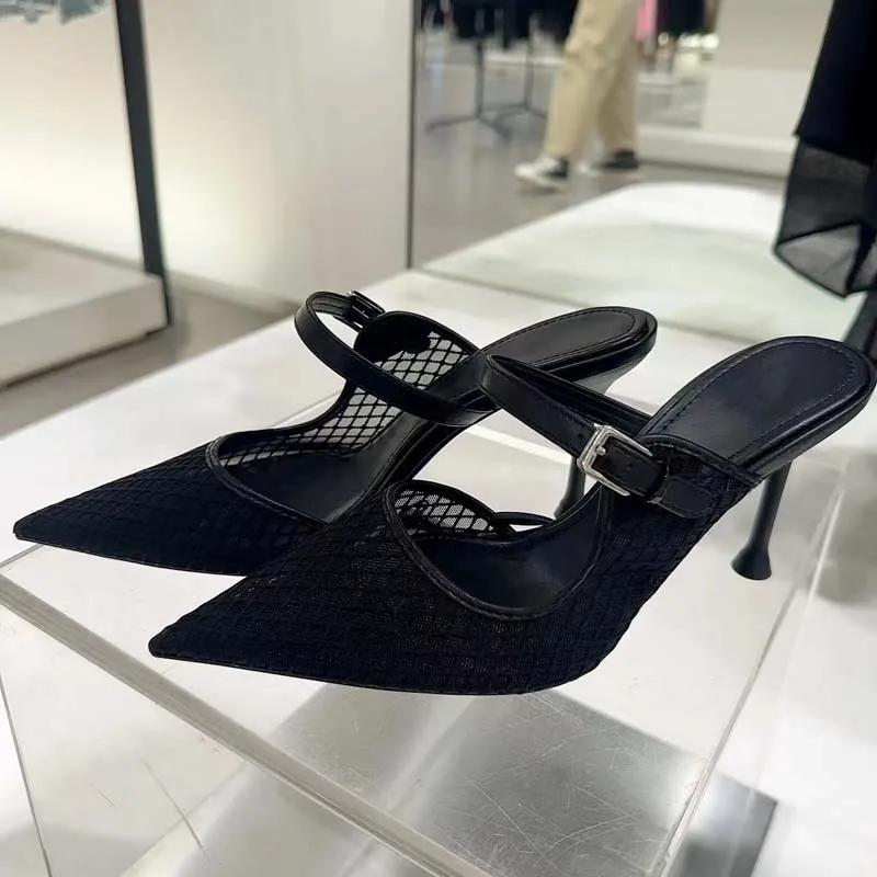 Fashion High Heels Mules Shoes for Laides Sexy Pointed Toe 2025 Summer Stilettos Black Hollow Breathable Mesh Vintage Women's Sandals