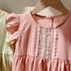 Korean Style Girls' Lace Trim Puff Sleeve Dress - 2026 Summer Collection in Washed Cotton