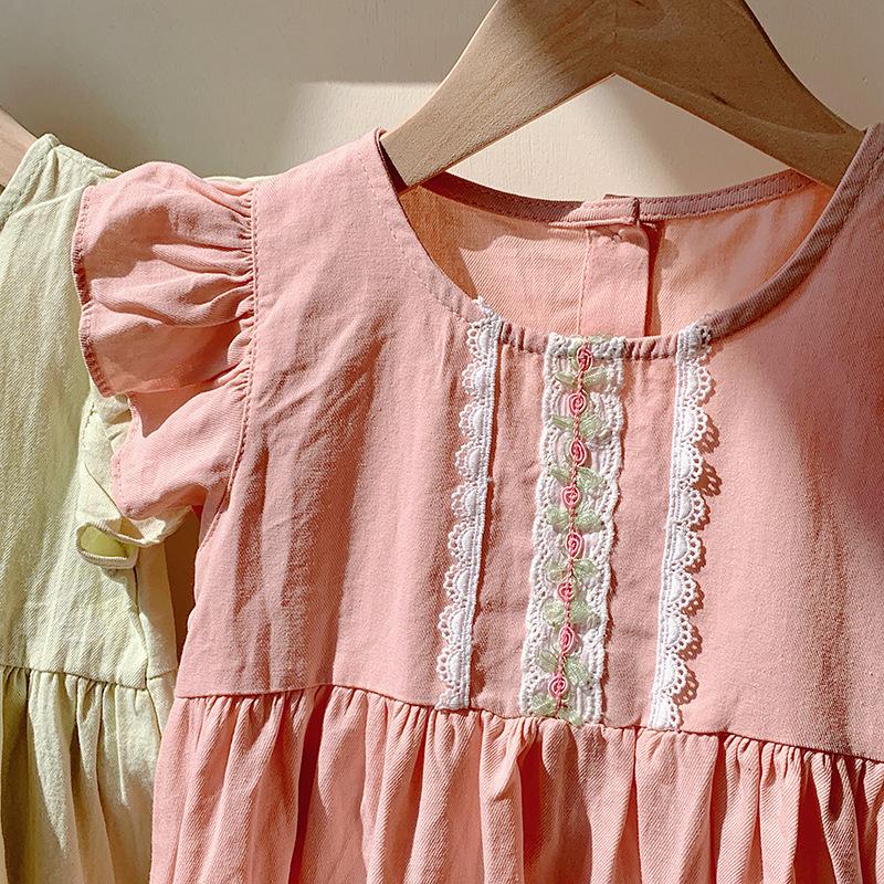 Korean Style Girls' Lace Trim Puff Sleeve Dress - 2026 Summer Collection in Washed Cotton
