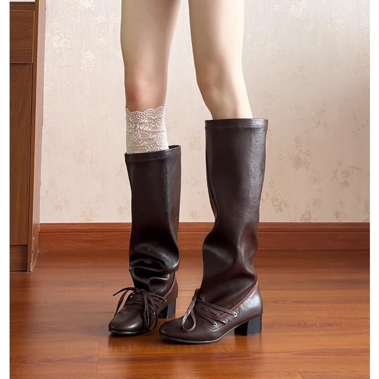 

French retro round head strap stacking boots women s 2025 autumn and winter thin pleated versatile thick heel high boots pant tube boots 40 коричневый