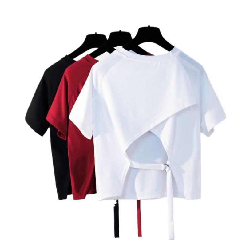 Damen Unregelmäßiges T-Shirt Locker Rundhals Hinten Ausgeschnitten Einfarbig Damen T-Shirts Sommer Koreanischer Stil Mode Damen Oberteil