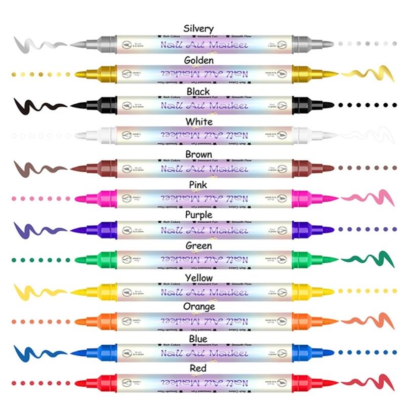 12Pcs Double Ended Nail Art Markers 12 Vibrant Color Precisions Tips for Creative Designs Easy Application Long Polish