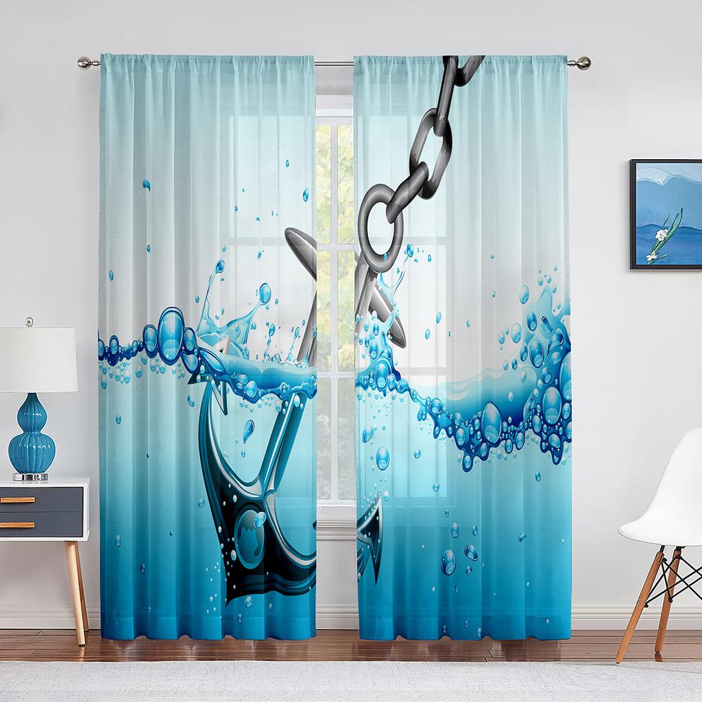 Nautical Anchor Rustic Grey Wooden Sheer Window Curtains Bedroom Modern Chiffon Drape Tulle Living Room Kitchen Voile Curtain