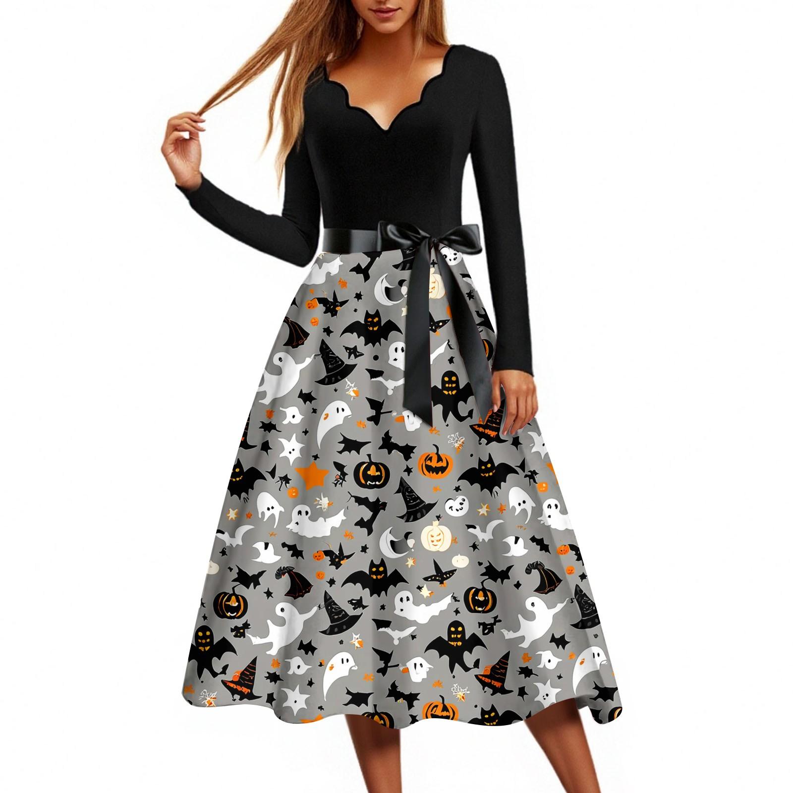

Women s Casual Fashion Halloween Print Wave V Neck Vintage Dress XXXXL