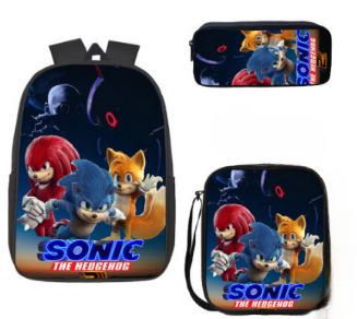 Cartoon Sonic Backpack, Primary And Secondary School Schoolbag, Messenger Bag, Pencil Case Three-Piece Set