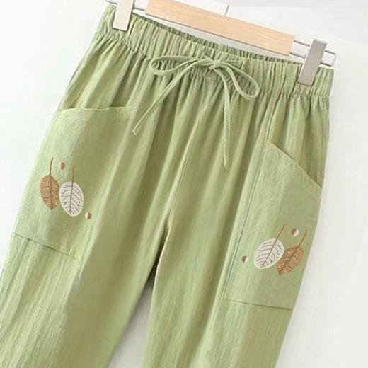 Tynne 100 % bomullsbukser, sommernye, store størrelser, broderte, rette bukser, dame, elastisk midje, allsidig, casual capris