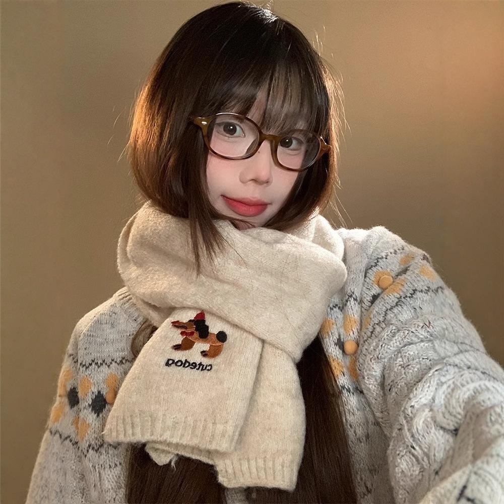 Japanese Cute Puppy Embroidered Scarf Women's Autumn and Winter New Warm Versatile College Style Knitted Scarf Tide