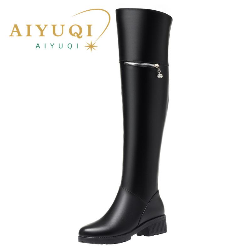 Fashion AIYUQI Women's Over Knee Boots Winter Fashion Middle Heel Fur Long Boots Women Genuine Leather Rider Boots Ladies