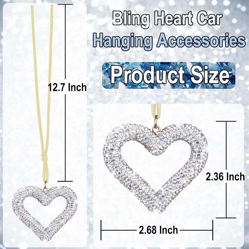 Bling Heart Car Hanging Accessories, Bling Rear View Mirror Accessories, Universal Bling Heart Diamond Car Accessories for Cars, Trucks, SUVs