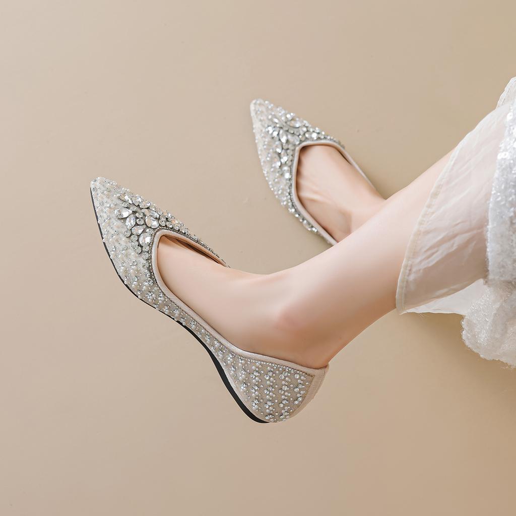 Weiwei Girl 5933-21 Square Head Flat-soled Single Shoes Women's Skirt Rhinestone Wedding Shoes Soft Soles Not Tired Feet Doudou Shoes