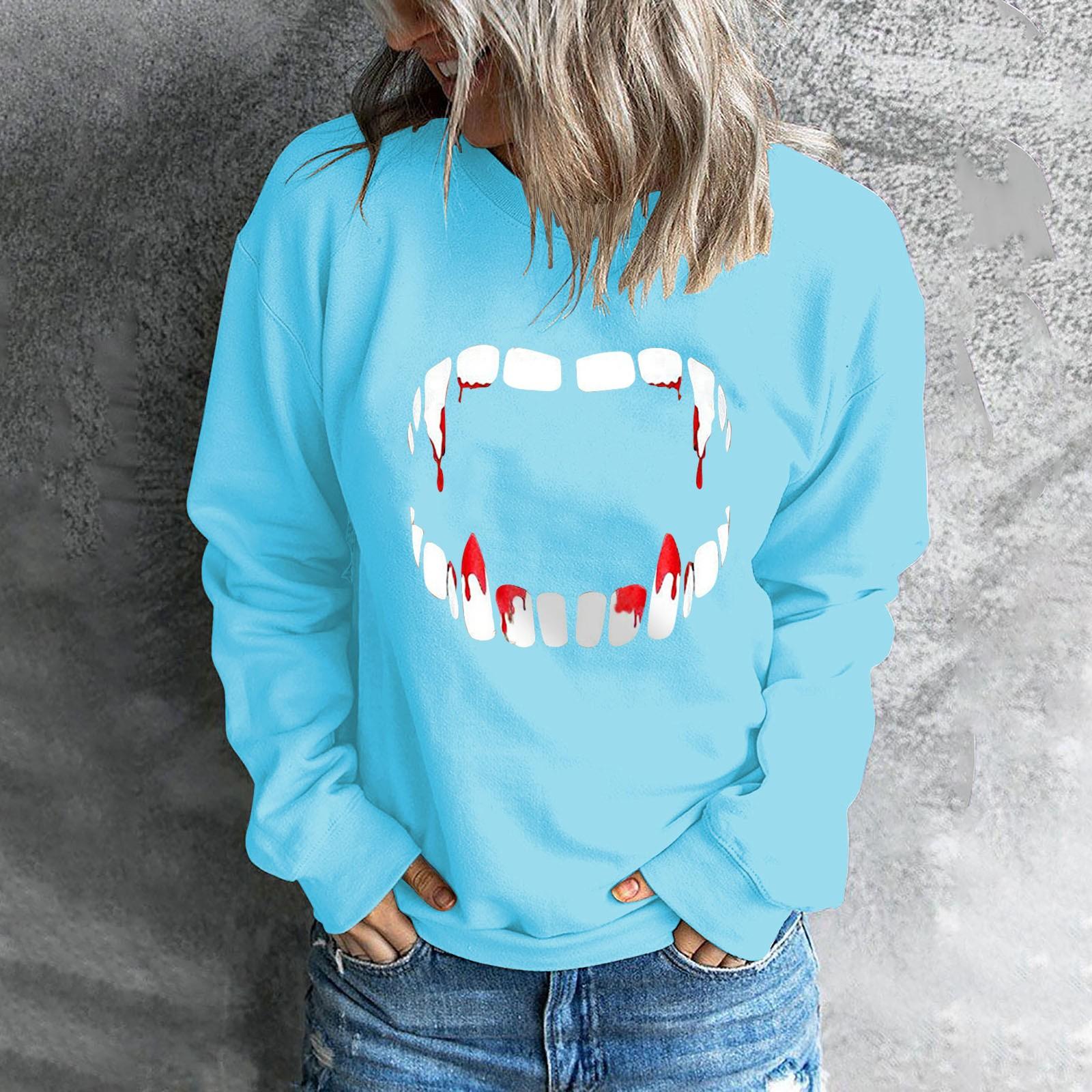 

Женский повседневный модный пуловер с круглым вырезом и длинным рукавом с принтом Хэллоуина 2022 года M синий