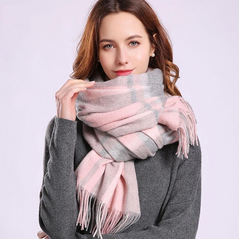 Women Plaid Wool Scarf Winter Warm Large Fine Wool Shawls Blanket Scarf Luxury Design Fringes Plaid Sheep Wool Cashmere Scarves