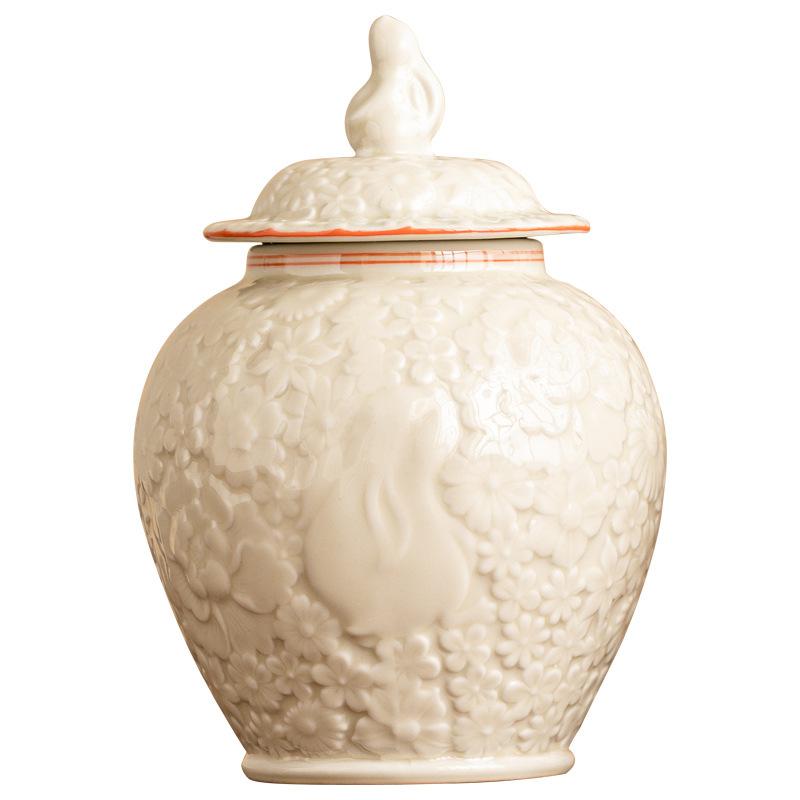 Relief Rabbit Tea Can Creative Ceramic Sealed General Can Decoration Home Kitchen Large Capacity Tea Storage Can Organizer