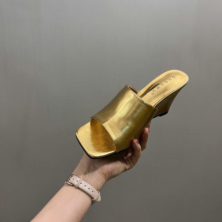 2025 spring and autumn new square head simple sandals stiletto high heels one-word slippers women wear fashion cool