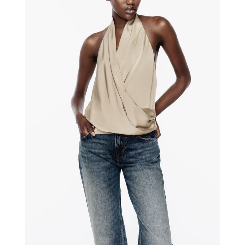 Fall and Winter New Arrival Vest Stylish Niche Style French Socialite Silk Satin Texture Hanging Collar Tops 7969240