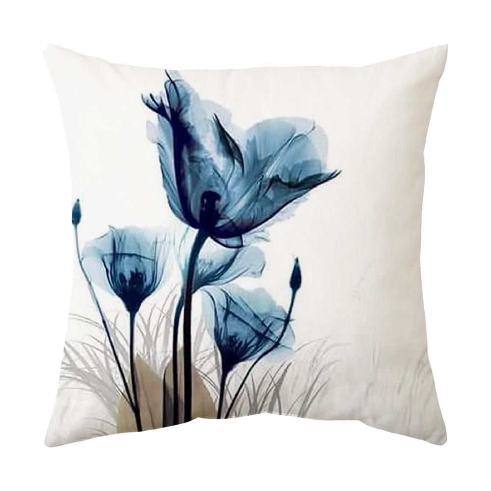 Blue Ink Painting Flower and Grass Linen Pillowcase Household Supplies Office Sofa Pillow Nordic Cushion