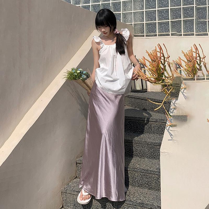 Hedvábná sukně A-linie slim-fit: Nový letní styl s vysokým pasem, všestranný, zvýrazňující temperament.