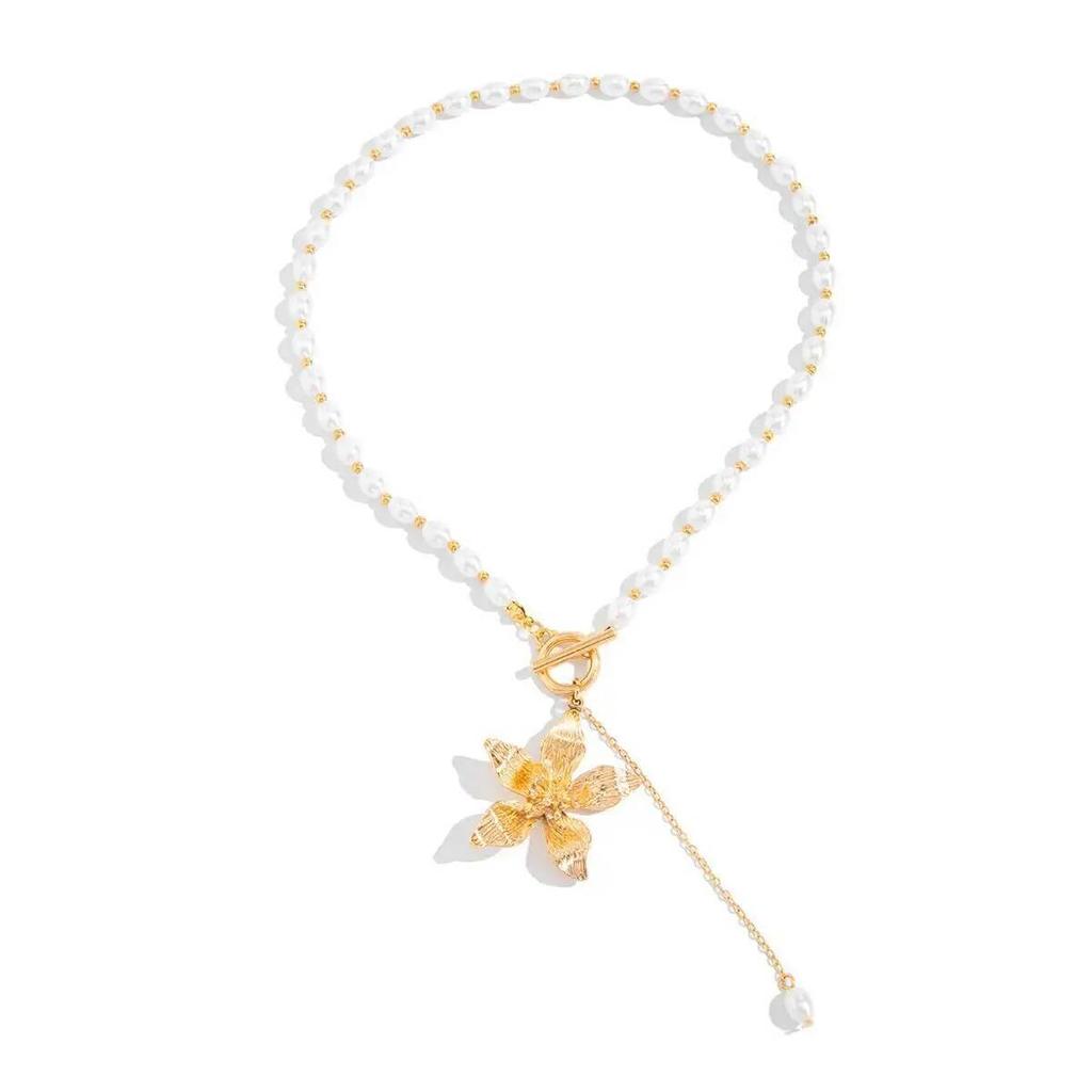 Ingemark Exquisite Luxury Imitation Pearl Choker Necklace Women Trendy Gold Color Flower Tassel Necklace Aesthetics Jewelry Gift