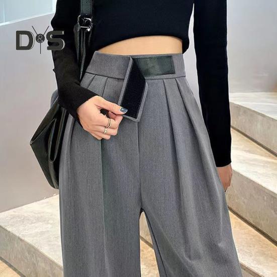 Women Suit Pants Straight Wide Leg Loose High Waist Solid Color Formal OL Commute Full Length Fasten Tape Adjustable Waist Lady Formal Trousers