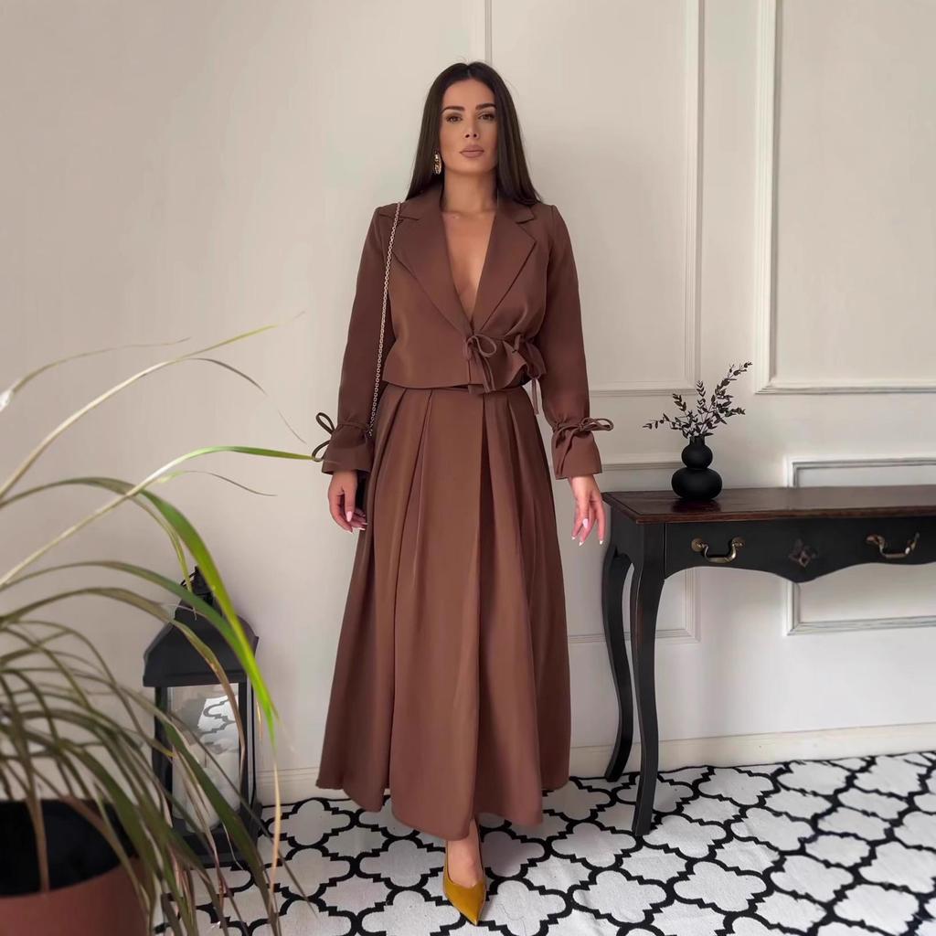 Vintage Långärmad Dam Kort Kostym Topp & Högmidjad A-linje Midi Kjol Set