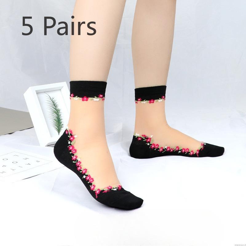 5 Pairs of Women's Spring and Summer Thin Ice Silk and Cotton Bottom Crystal Silk Anti Hook Silk Stockings