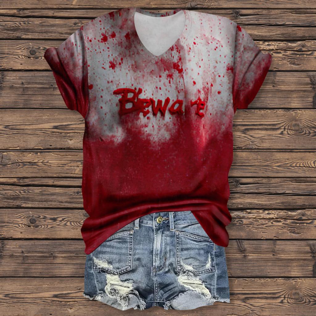 Women's Fashion Casual Three-quarter Sleeve Halloween Letters,  Face Print Top