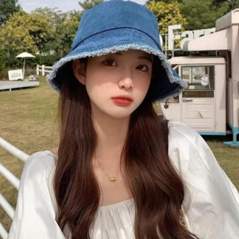 Women Summer Denim Bucket Hat Korean Vintage Washed Solid Color Sun Cap Wide Brim UV Protection Travel Beach Sun Hat