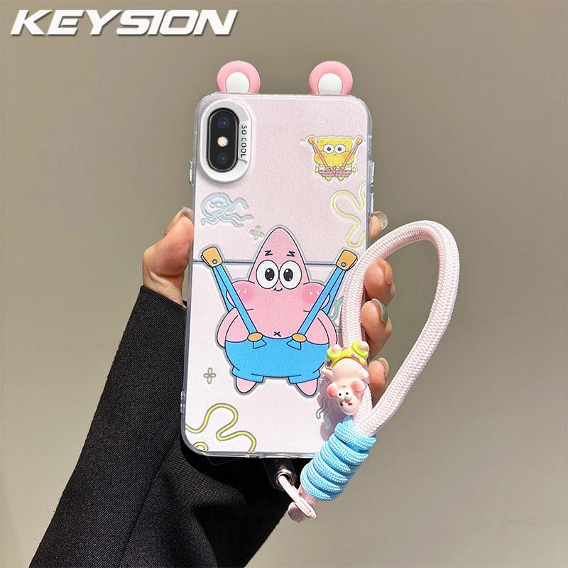 KEYSION Cute Ear Cartoon Case for iPhone XS Max X XS with Lanyard Soft Silicone+PC Shockproof Phone Back Cover for iPhone XR