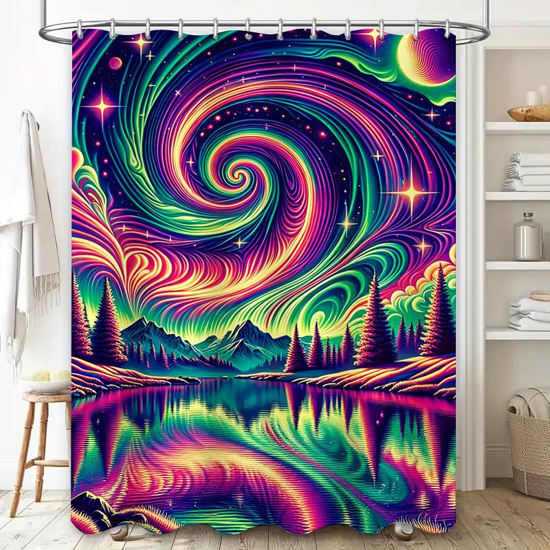 Vibrant Galaxy Shower Curtain Cosmic Waves Pattern with Stars Planets Bathroom Decor for Wet Areas