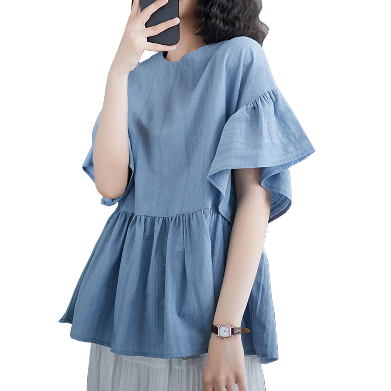 

Короткий расклешенный круглый свободный большой для лета [7-лайвхаус] Женская блузка, рукав, топ, рубашка, рукав, комбинированный, воротник, драпировка, на пуговицах, посадка, однотонный, синий