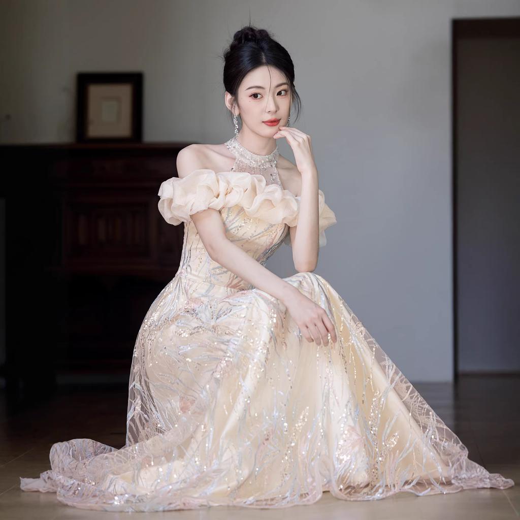 Neck banquet evening dress skirt female champagne temperament high-end niche light luxury annual meeting host birthday coming-of-age ceremony