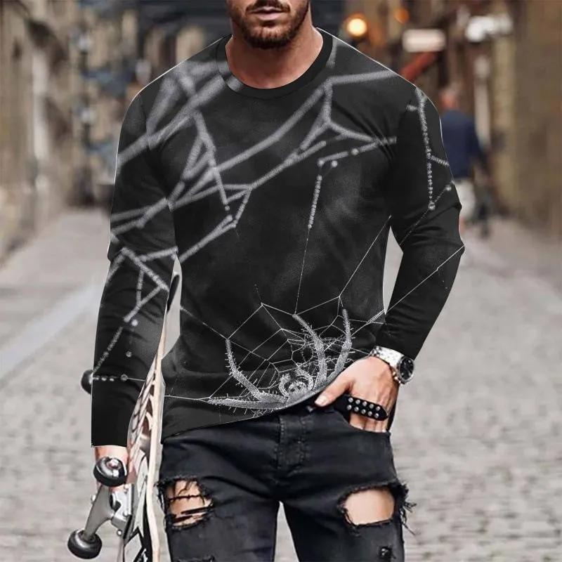 Fashion Men's Crew Neck Long Sleeve 3D Casual Color Printing Western Line Long Sleeve Crew Neck T-Shirt
