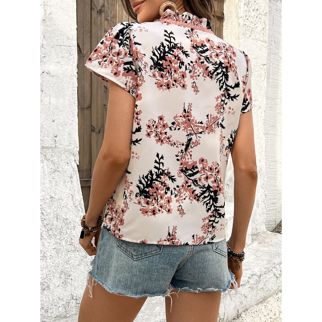 New Women's Floral Print Lace-up Short Sleeve Shirt, Spring Summer Casual Blouse for Women European American Size