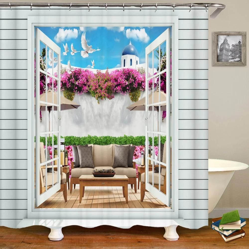 

3D window opening scenery natural landscape printed shower curtain washable bath curtain bathroom decoration with hook curtain W90XH180cm