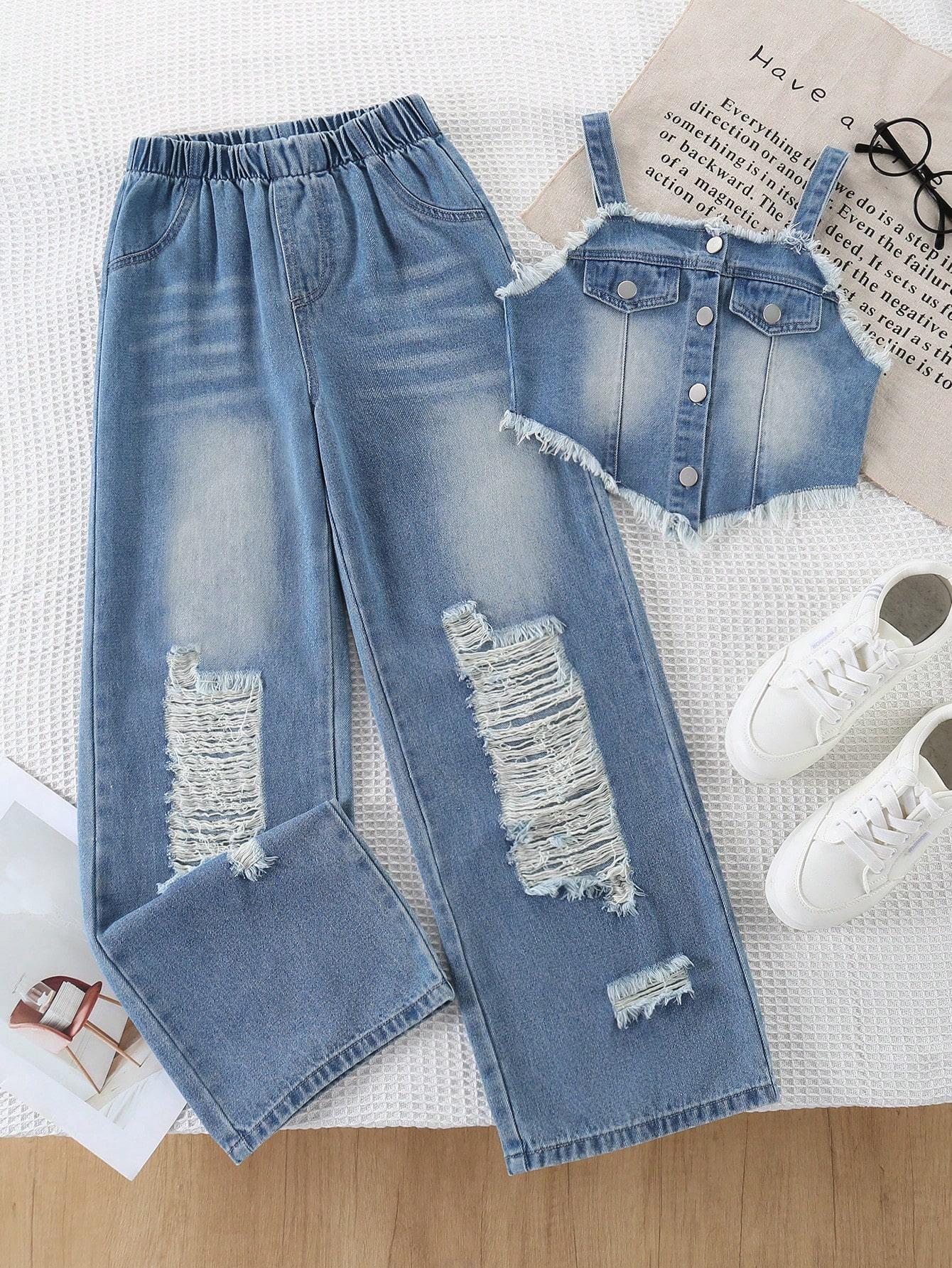 

Two-piece girls outdoor everyday casual wear set: a denim tank top paired with retro-style ripped and whiskered straight-leg wide-leg jeans. 8Y средний синий