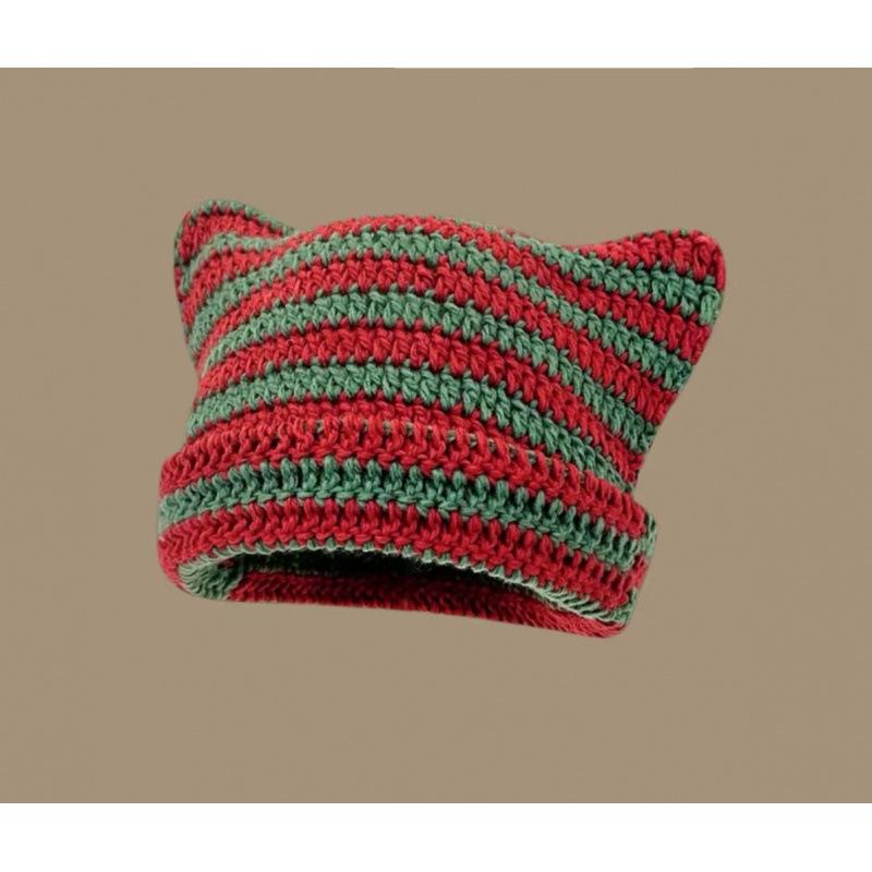 

2025 Cute Cat Ears Knit Hat for Women: Warm, Versatile, Face-Slimming Striped Beanie for Autumn/Winter One Size зелёный/красный