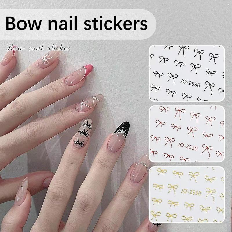 Adesivos de arte para unhas 3D com mini laço japonês, moda desenho animado, venda de fita preta e branca, decalques para decoração de unhas, acessórios faça você mesmo