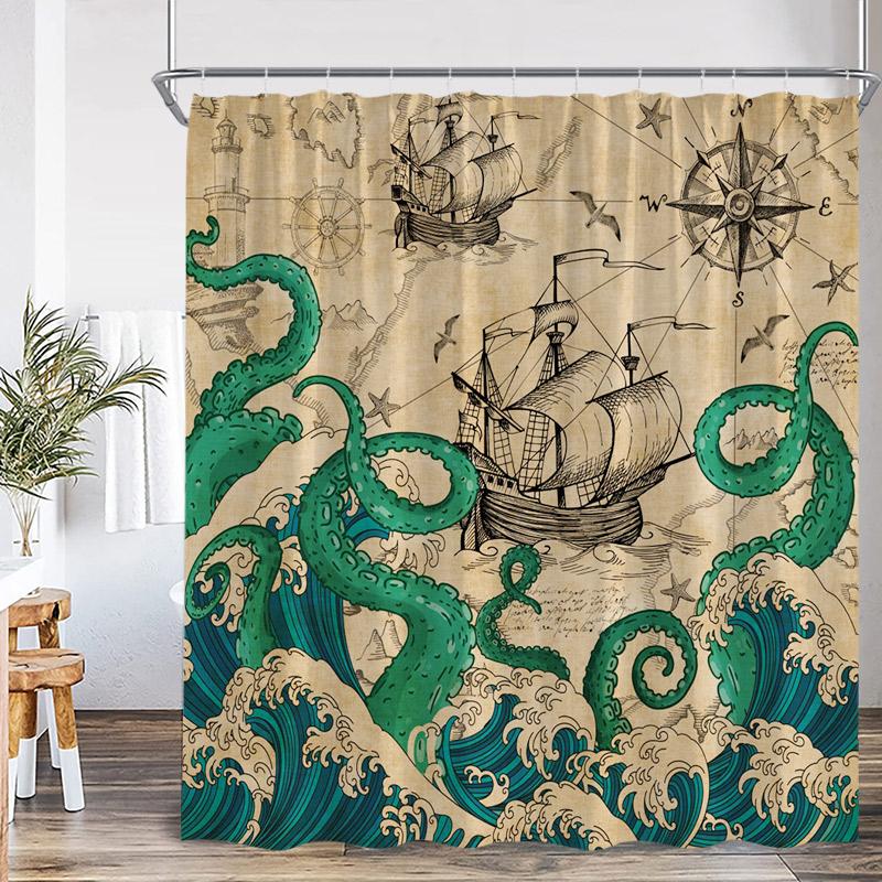Ocean Red Octopus Shower Curtain Sea Wave Sailboat Lighthouse Nautical Bath Curtains Polyester Fabric Bathroom Decor with Hooks