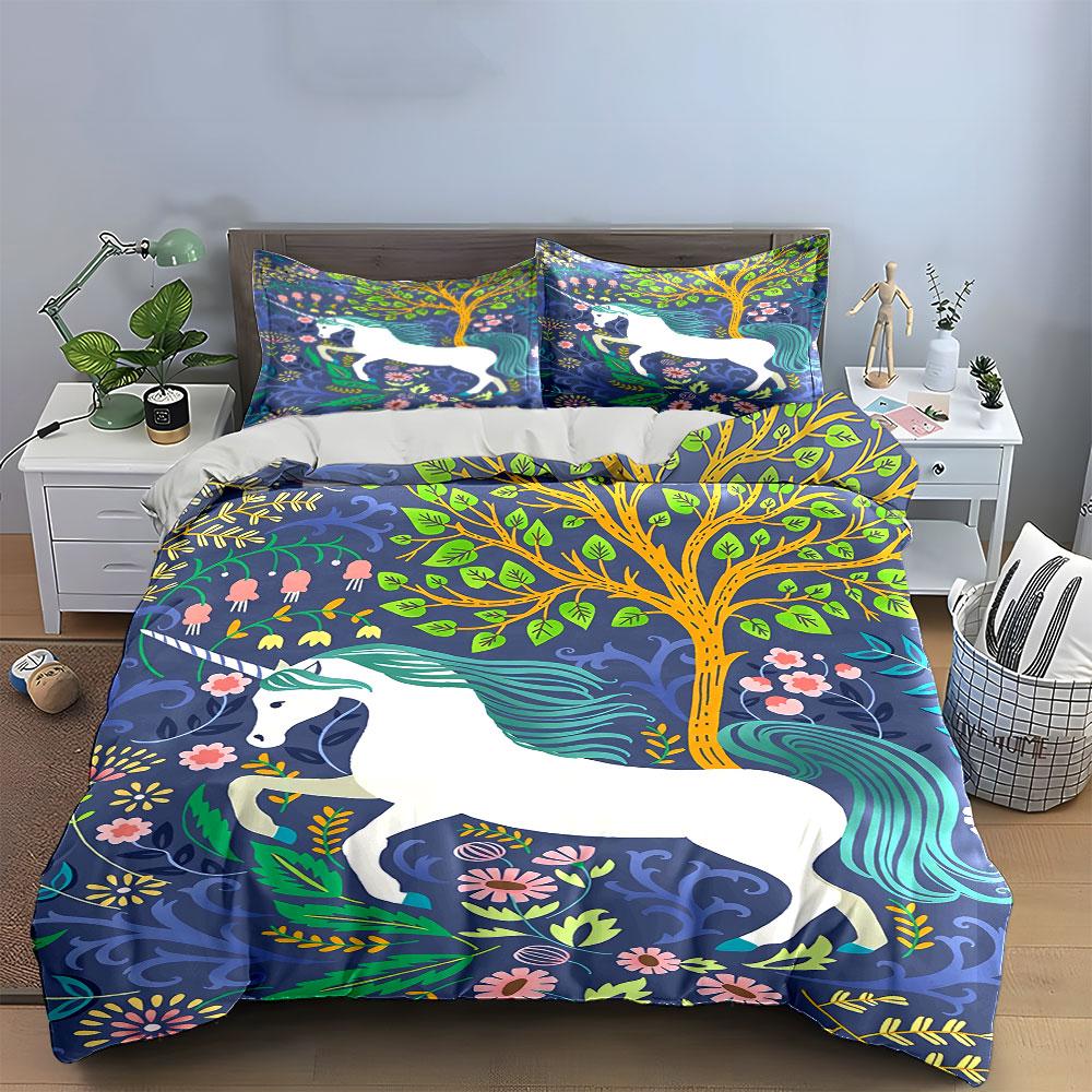 White Horse, Tree, Flowers. Bedding Sets Duvet Cover Sets Duvet Covers Pillowcases(1* Duvet Cover 2* Pillowcases Without Duvet Insert)
