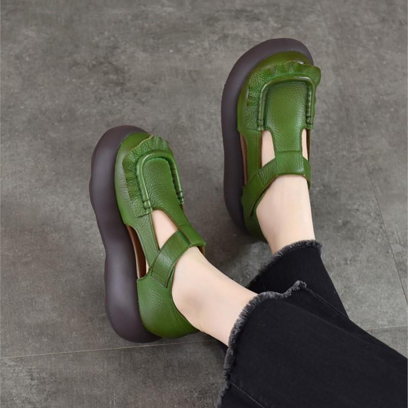 Johnature Retro Genuine Leather Roman Sandals Comfortable And Versatile Round Toe Thick Soled Women's Shoes