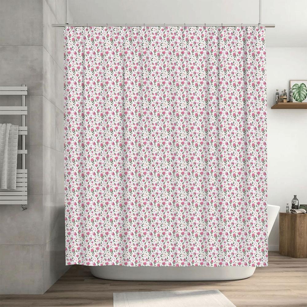 Entzückender Blumiger Duschvorhang Rosa Rose Grünes Blatt Design Für Badezimmer Dekoration Waschbarer Stoff Heimdekoration Mit Ringen