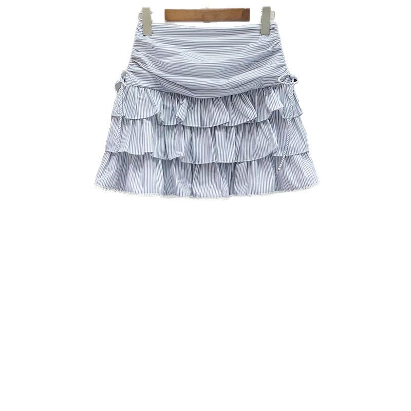 French Niche Spring/Summer 2026 Blue & White Striped Ruffled Sleeveless Top and Cake Skirt Set