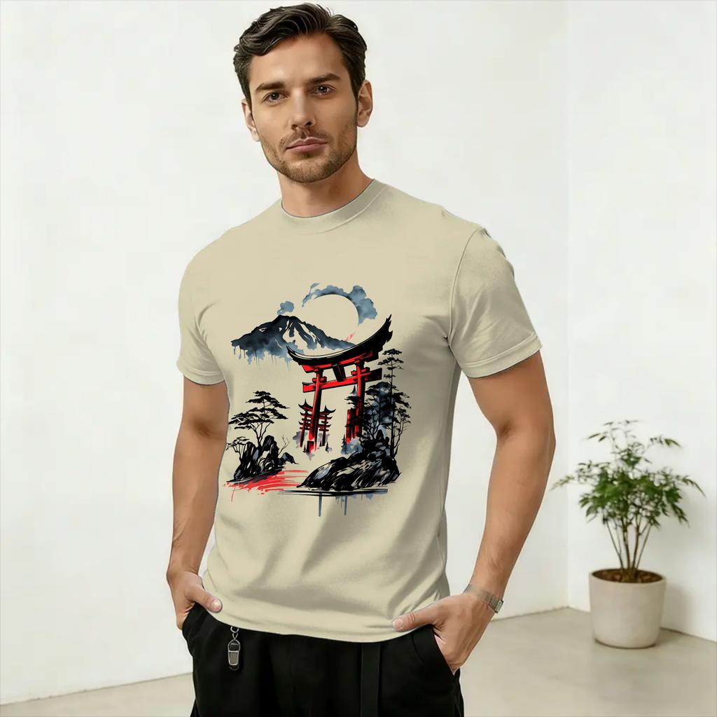 Japanese Ukiyoe Torii GateFuji Mountain Print TShirt Summer Cotton TShirts Unisex Trendy Cool Tshirt Short Sleeve Vintage Tops