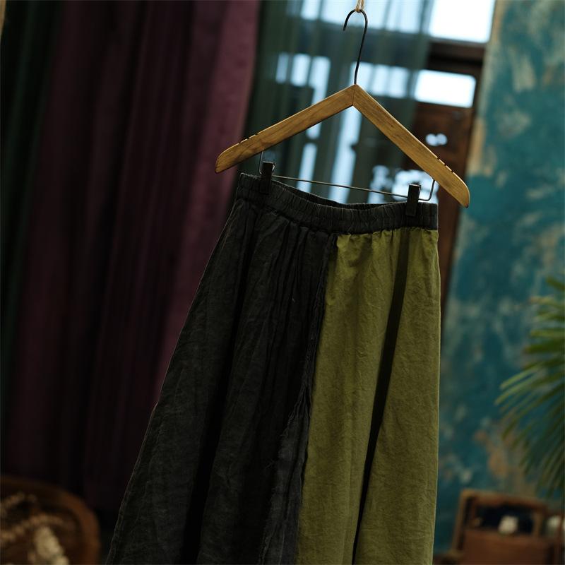 Johnature Dámské Vintage patchworkové plátěné sukně Pružný pas Oblečení Jaro Ležérní Ženy Volné A-Line sukně