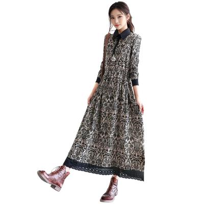 J-Scott Women's Retro-Style Long Dress, Botanical Print, A-Line, High Waist, Lace Hem, Black, JS41-BK-L
