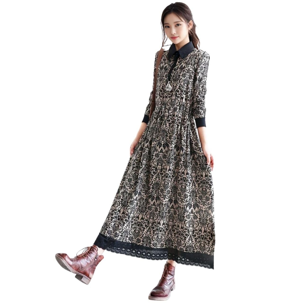 

Женское длинное платье J-Scott в стиле ретро, с ботаническим принтом, А-силуэта, с завышенной талией, кружевной отделкой подола, черное, JS41-BK-L