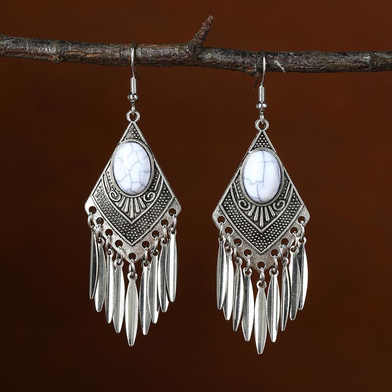 

Ретро Богемные Серьги с Кисточками Бирюзовый Металл белый